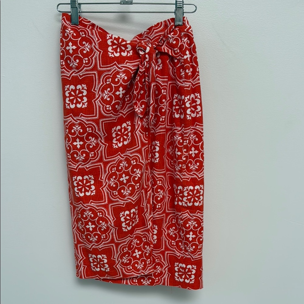Ann Taylor Bright Tangerine Orange and White wrap pencil skirt